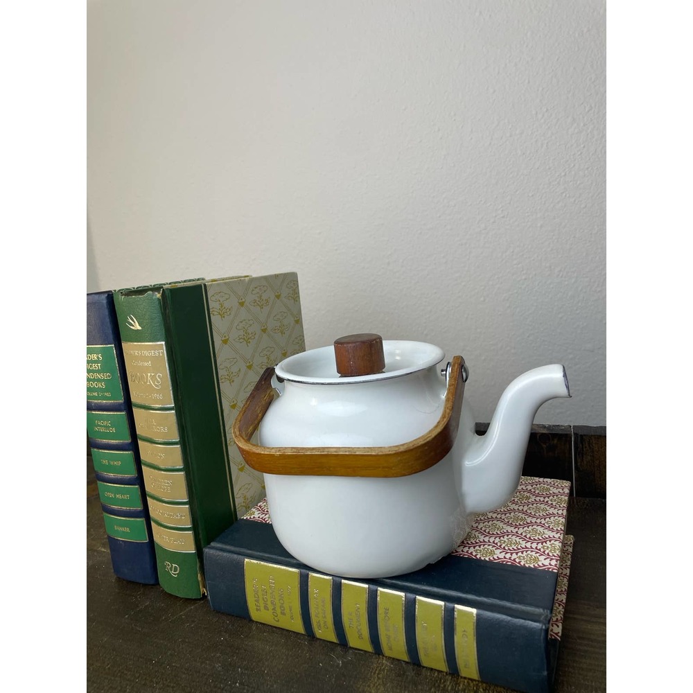 Vintage White Enamel Teapot Wooden Handle